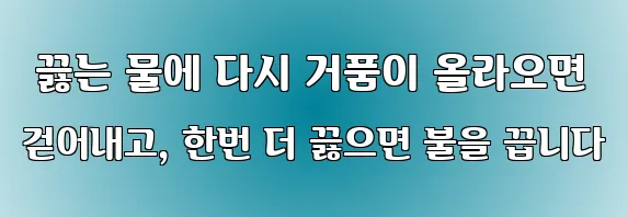  끓는 물에 다시 거품이 올라오면 걷어내고, 한번 더 끓으면 불을 끕니다