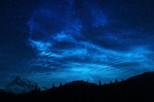 파란 밤하늘과 산과 나무 실루엣
