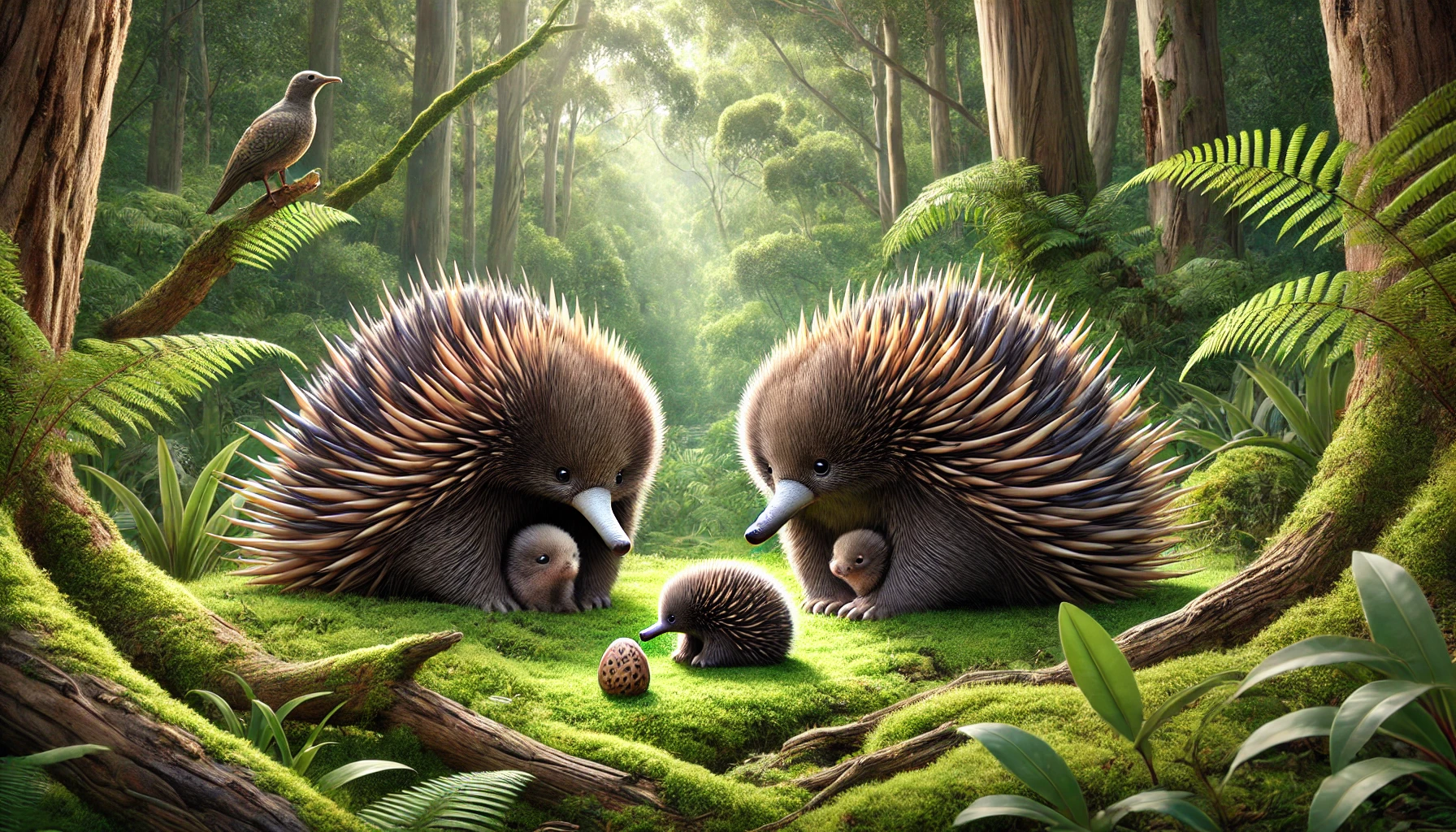 DALL·E 2025-02-26 22.25.52 - A realistic depiction of two adult echidnas in a lush, green Australian forest, along with a baby echidna (puggle) and a small echidna egg. The adult .png
