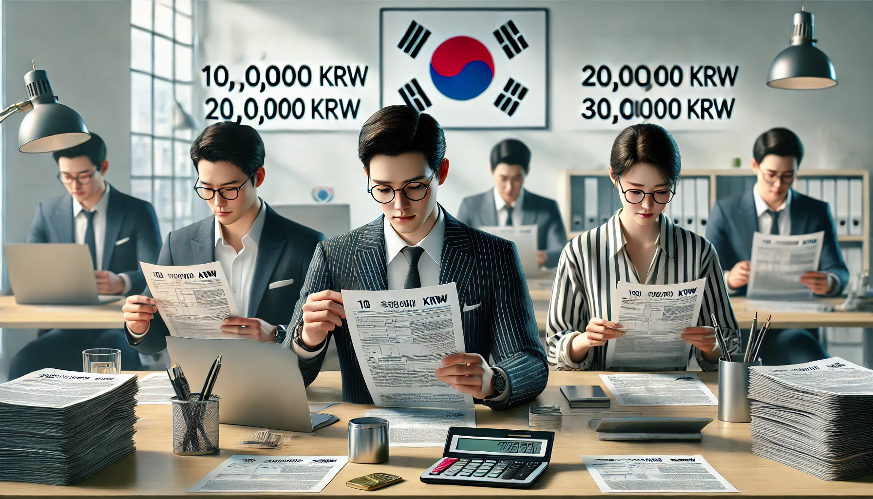연소득에 따른 절세 전략을 고민하는 사람들의 모습, 세금계산기와 문서가 놓인 책상, 한국 국기 배경