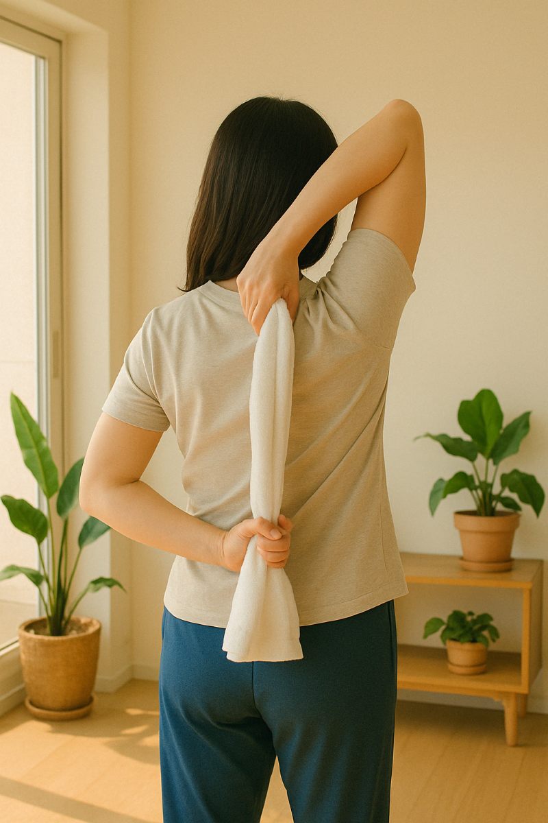 오십견 운동 수건 잡고 뒤로 당기기 이미지
