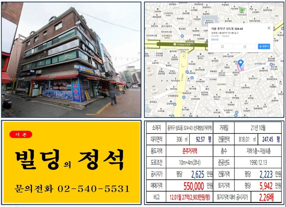  [동작구 7호선 역세권 50억 꼬마빌딩 실거래가 조회] 상도동 324-43 (신대방삼거리역) 55억 원, 평당 5,942만 원 매매되었습니다.