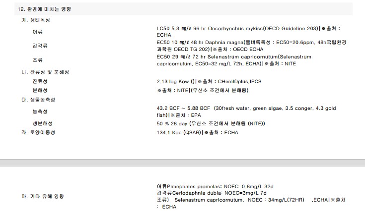 MSDS 구성정보 12. 환경에 미치는 영향