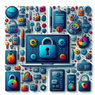 다양한 보안 장치와 보호 시스템을 표현한 디지털 보안 개념