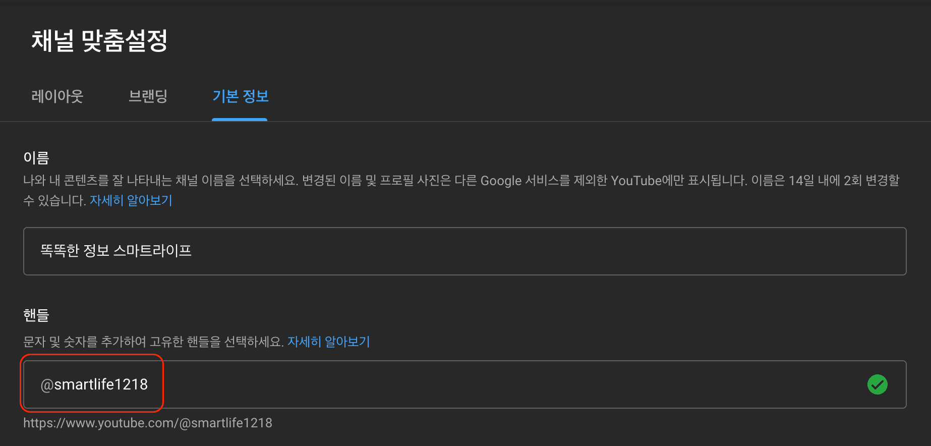 유튜브 채널 맞춤설정 - 기본정보 - 핸들 이름 변경