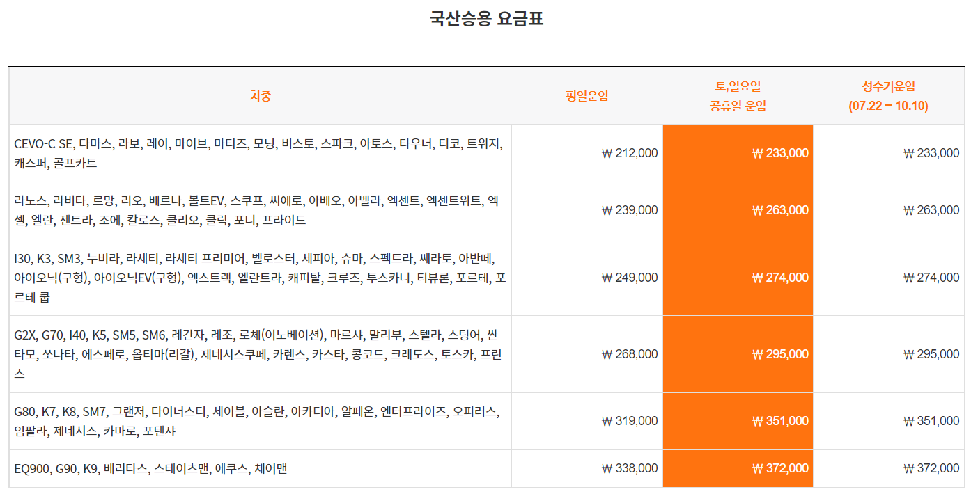 국산승용 요금표