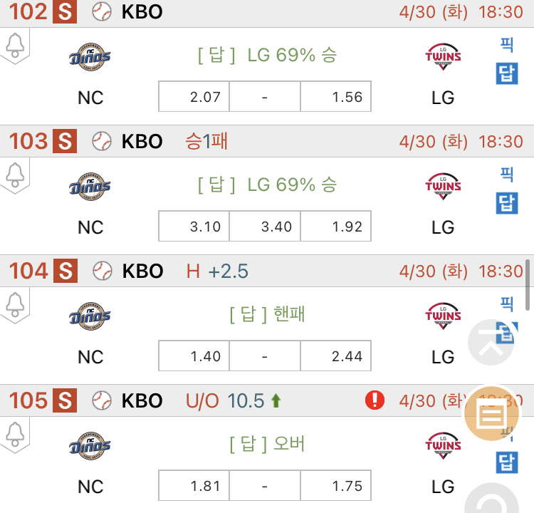 [진짜총판] 4월30일 NC VS LG 국내야구분석 