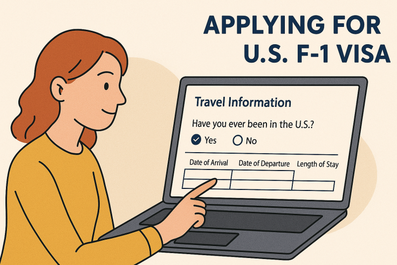 An illustration of a woman filling out the U.S. travel section of the DS-160 form, specifically indicating prior visits to the U.S.