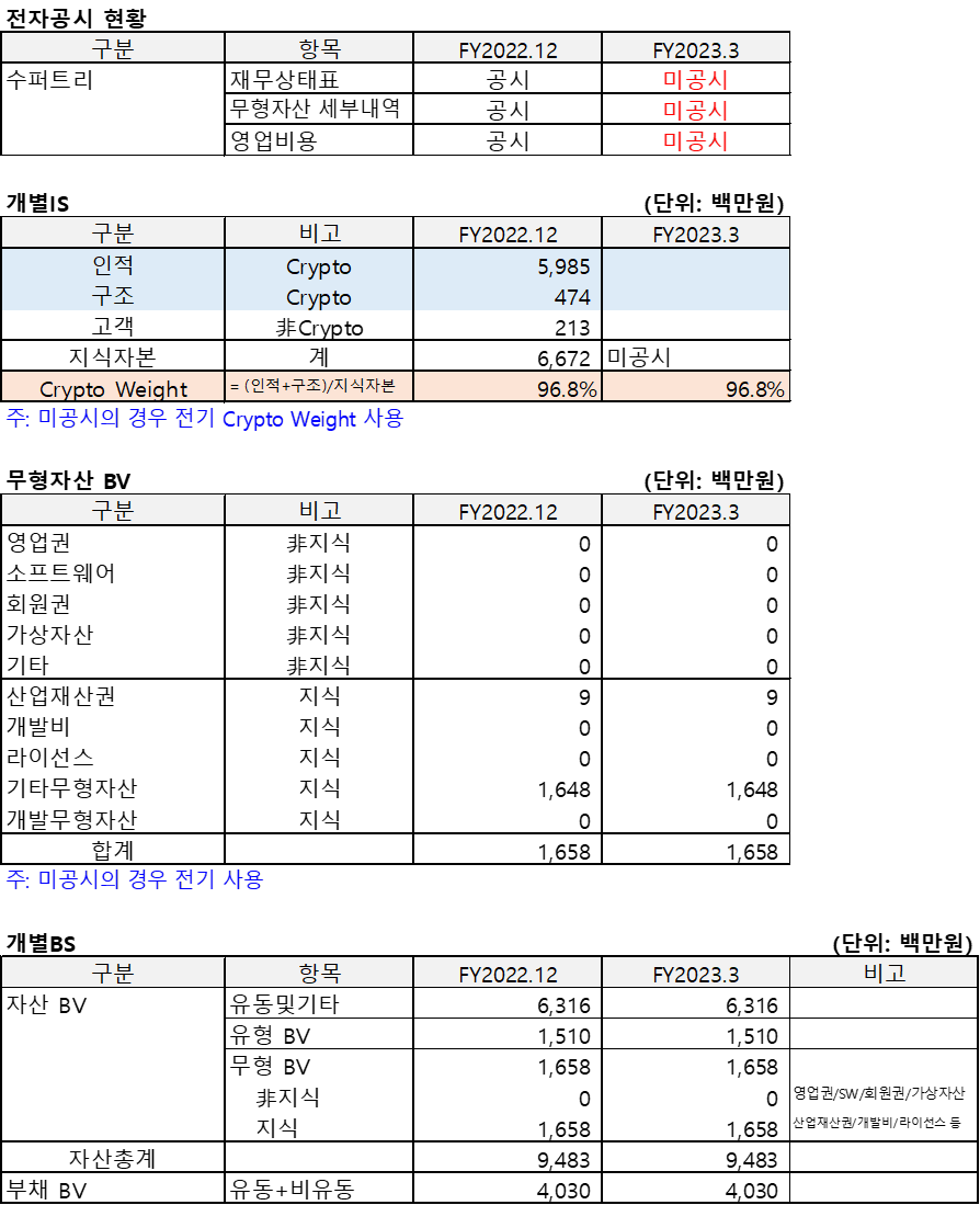수퍼트리(2023.3)의 전자공시 현황 및 개별IS&#44; 무형자산BV 및 개별BS를 정리한 표