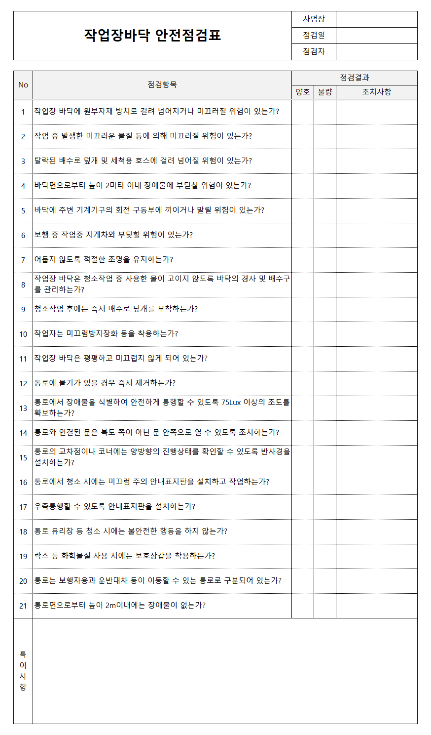 직장에서의 안전을 위한 체크리스트