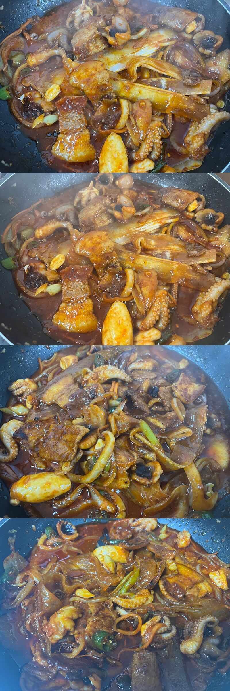 낭만쭈삼볼고기 삼겹살 굽고 야채, 쭈구미 투하후 요리완성해가는 과정 사진들