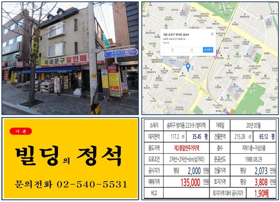  [송파구 가락삼익맨숀 재건축 10억 꼬마빌딩 실거래가 조회] 방이동 223-9 (방이역) 13억 5,000만 원, 평당 3,808만 원 매매되었습니다. 올림픽선수촌아파트