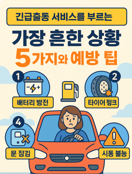 배터리 방전, 타이어 펑크, 연료 부족, 문 잠김, 시동 불능 등 자동차 긴급출동 서비스의 흔한 5가지 상황과 예방 팁을 설명한 인포그래픽 썸네일. 중앙에는 걱정하는 여성 운전자가 붉은 차 안에 앉아 있다.