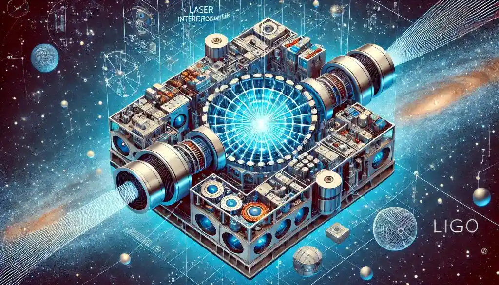 이 이미지는 LIGO와 같은 레이저 간섭계의 구조를 보여줍니다. 중앙에 위치한 간섭계에서 레이저 빔이 발사되고, 다양한 과학 장비들이 주변에 배치되어 있습니다. 배경에는 우주와 관련된 요소들이 보입니다.