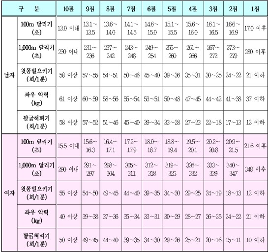 체력 시험 표준 표