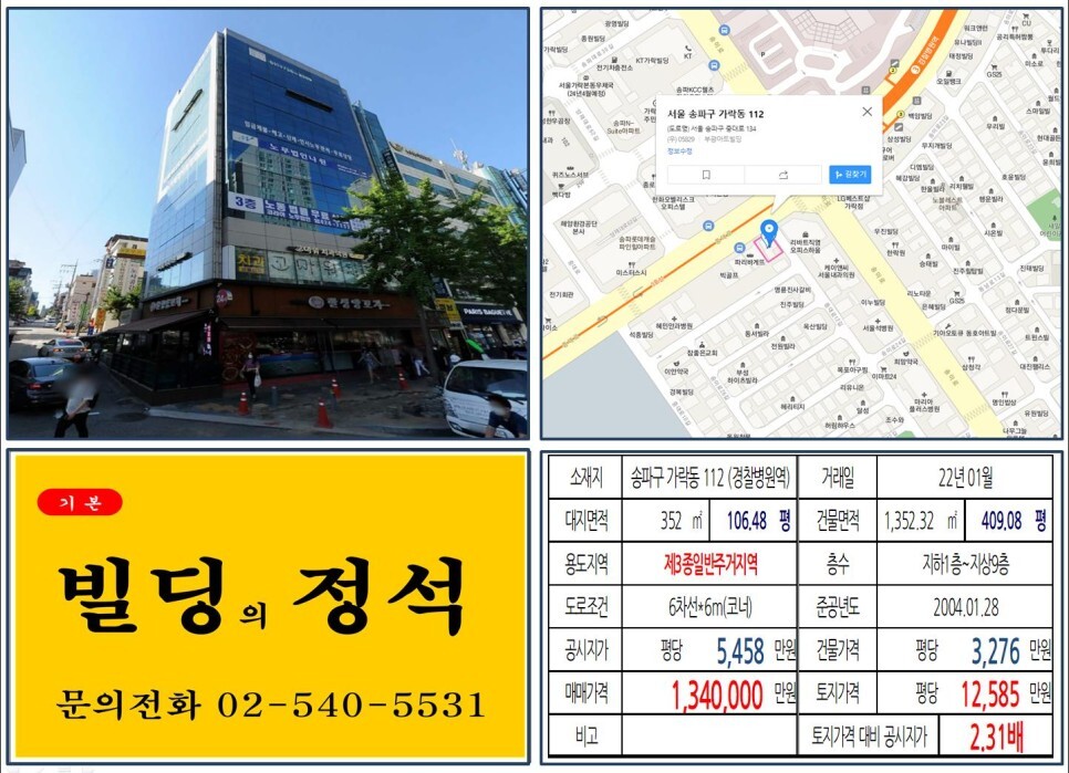  [송파구 송파중앙전파소 복합개발 100억 빌딩 실거래가 조회] 가락동 112 (경찰병원역) 134억 원, 평당 1억 2,585만 원 매매되었습니다.