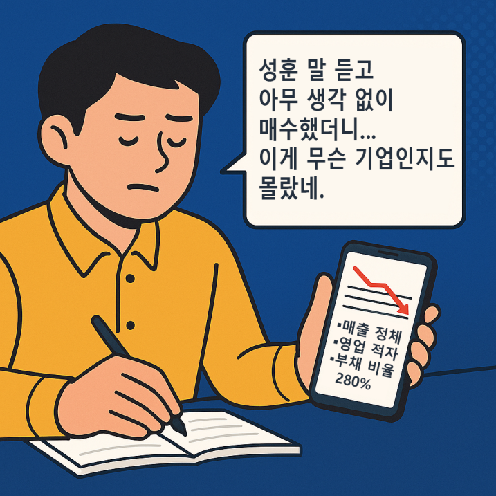 김대리가 스마트폰으로 재무 정보를 확인하며 노트에 내용을 정리하는 장면. 말풍선에는 “성훈 말 듣고 아무 생각 없이 클릭했더니… 이게 무슨 기업인지도 몰랐네.”라는 깨달음의 메시지가 담겨 있다. 얼굴에는 다짐과 반성의 표정이 담겨 있다.