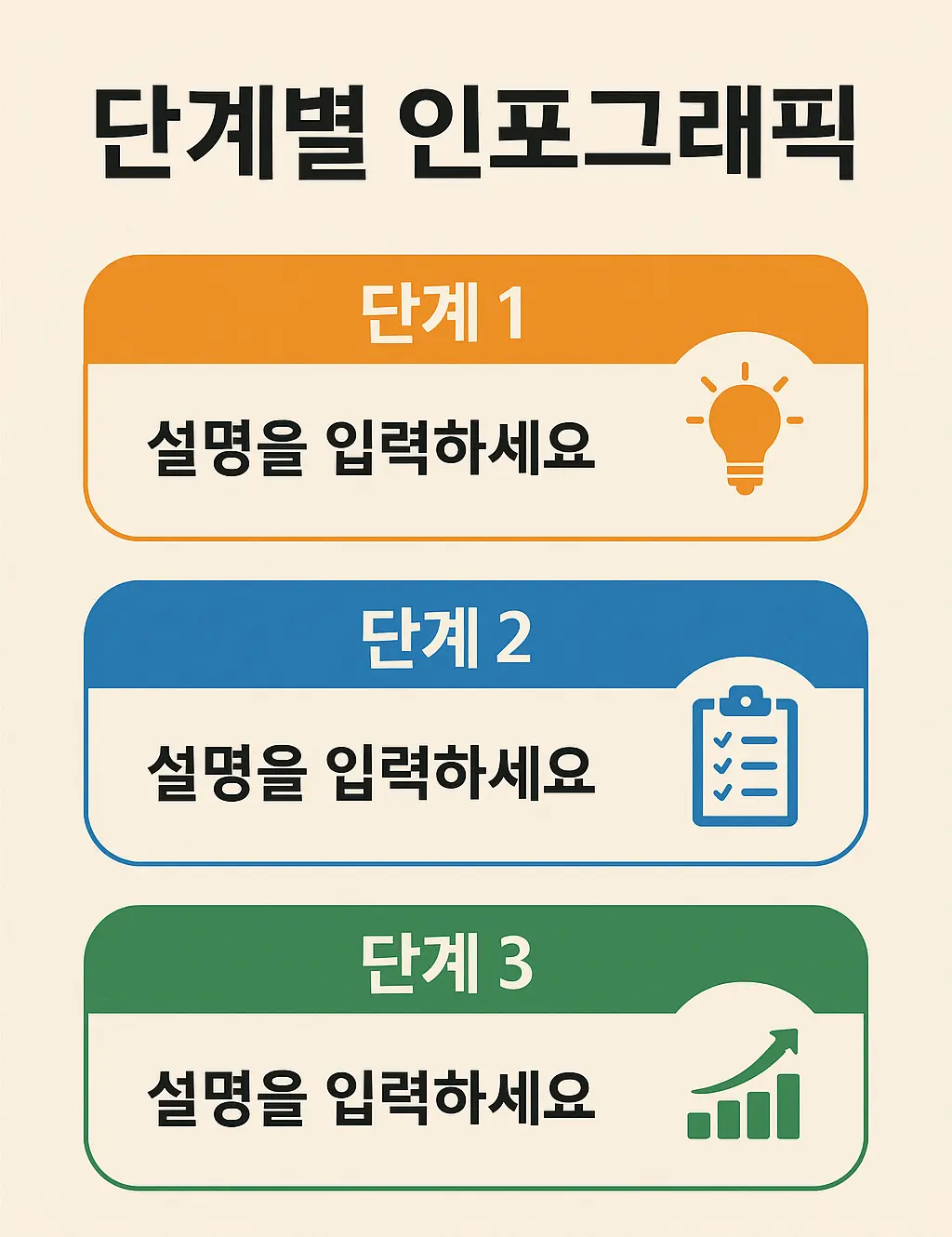 3단계로 정보를 시각화한 한국어 인포그래픽 – 아이디어, 실행, 성과 추적 과정을 색상별로 구분하여 명확하게 표현한 구조