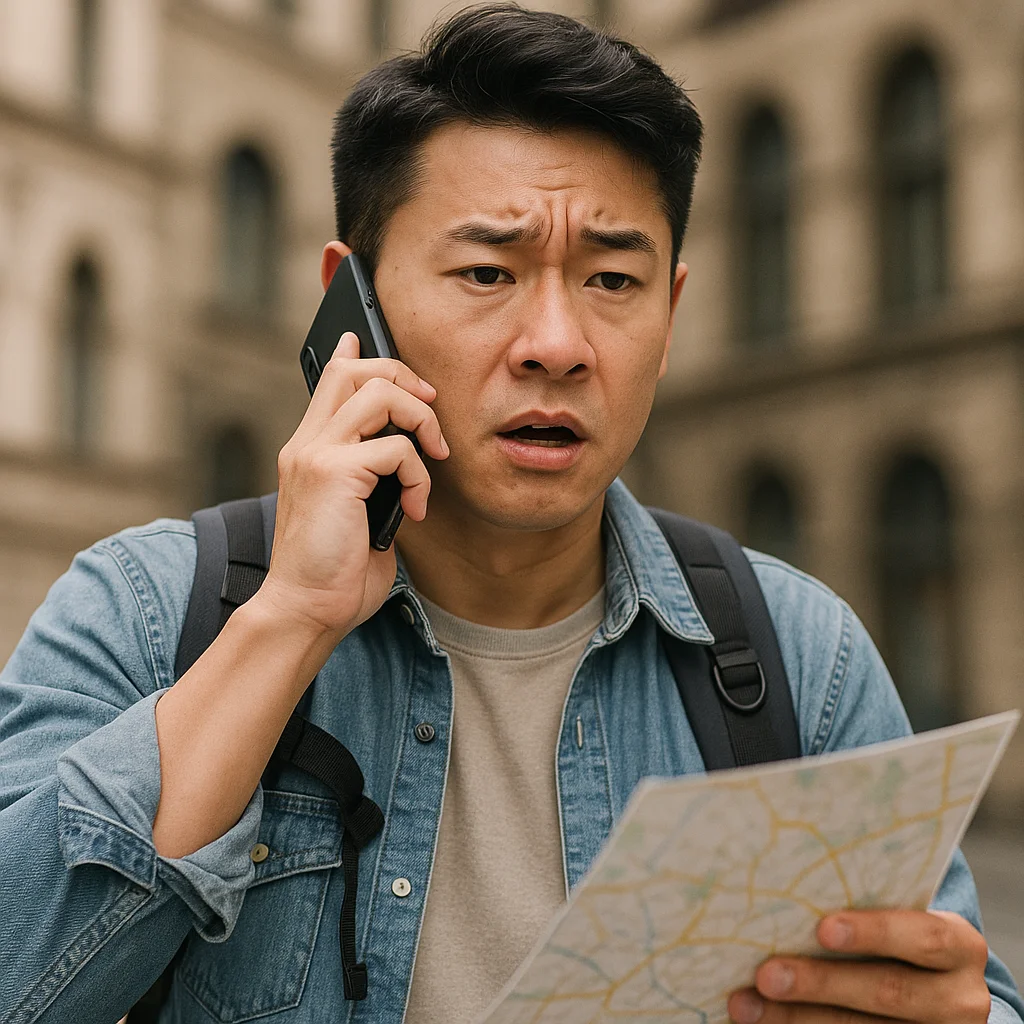 A Korean traveler making a phone call in an emergency situation abroad