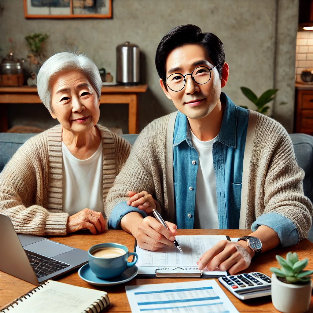 &quot;따뜻한 가정의 식탁에서 한국의 노부부가 노후 계획을 세우고 있다. 테이블 위에는 노트북, 금융 서류, 커피 잔, 노트, 펜이 놓여 있으며, 부부는 만족스럽고 자신감 있는 표정으로 대화를 나누고 있다. 안정되고 행복한 노후를 준비하는 모습을 상징하는 장면.&quot;