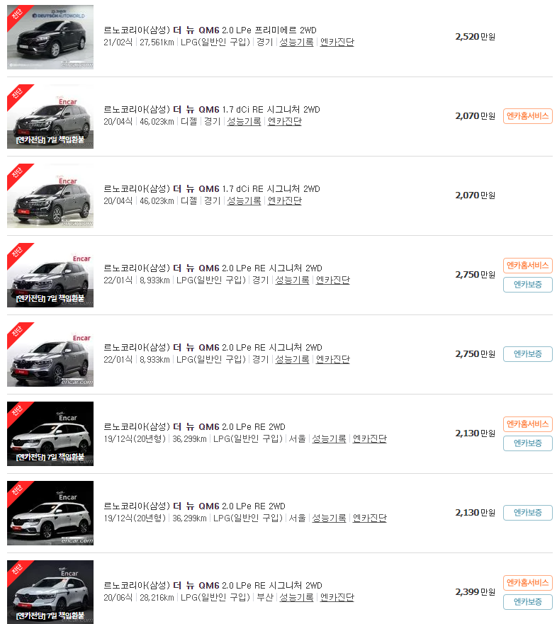 2019~2023년식 더 뉴 QM6 중고차 가격