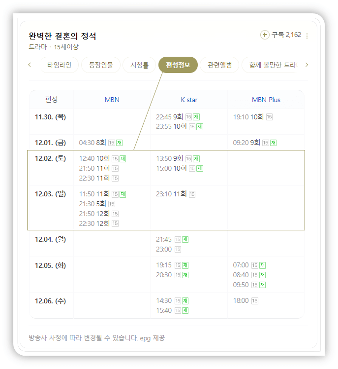 MBN 주말미니시리즈 완벽한 결혼의 정석 채널 편성정보
