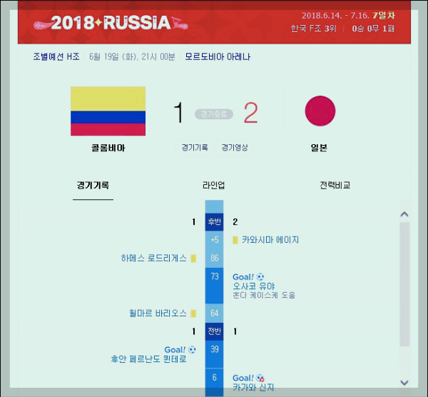 러시아 월드컵 콜롬비아 일본 경기