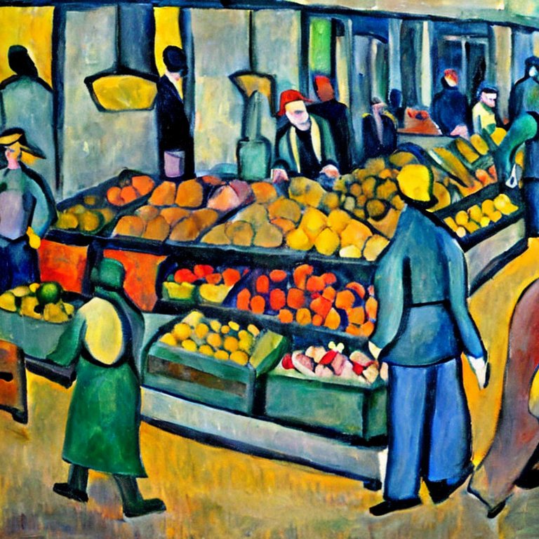 A painting of shopping in a big supermarket. style of Paul C&eacute;zanne