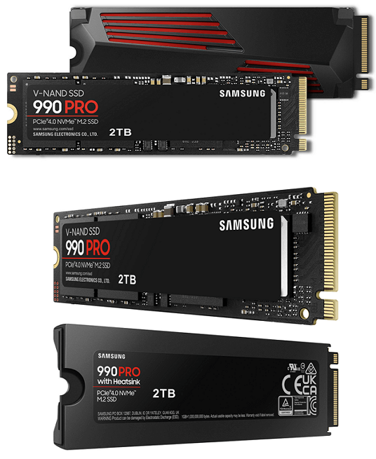 삼성 990 PRO SSD의 모습&#44; 방열판이 달린 모델의 모습도 확인할 수 있다