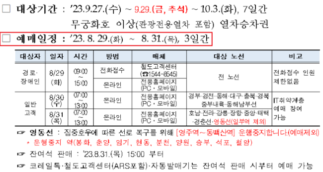 2023년 추석 기차표 KTX 예매일정