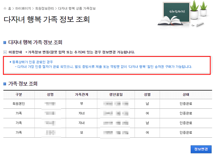 다자녀 행복 가족 정보 조회