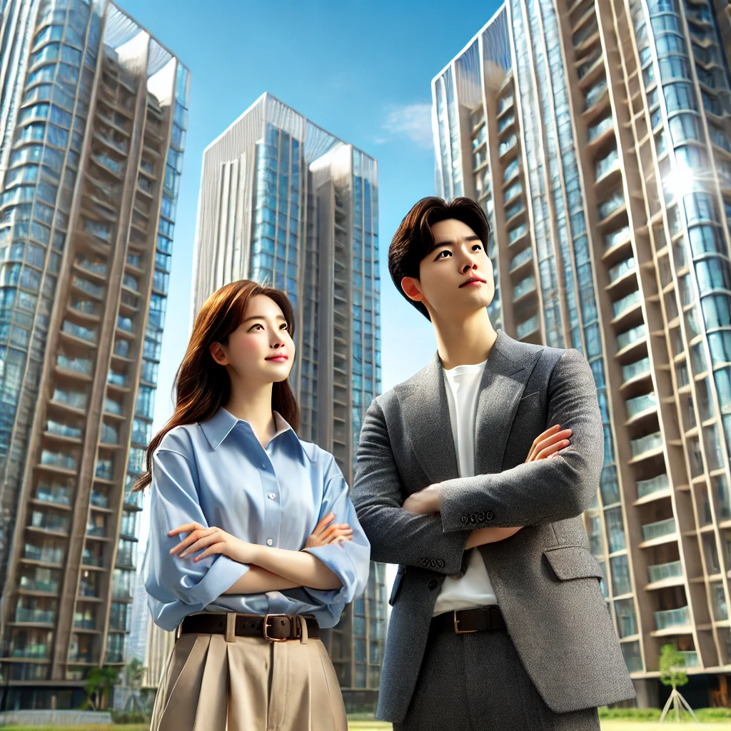 고급 아파트 단지를 바라보는 젊은 부부의 모습