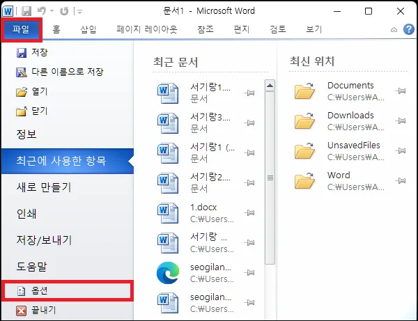워드 옵션 실행