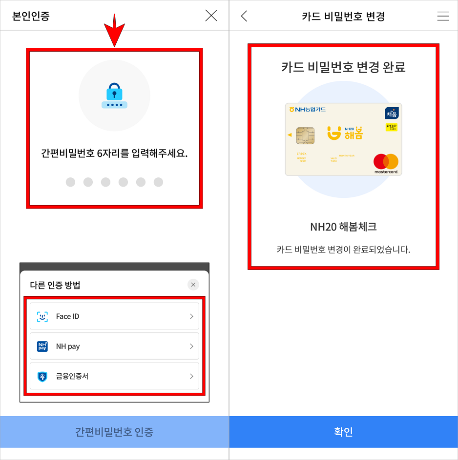 간편 비밀번호 또는 다른 인증 방법을 선택하여 본인인증을 진행하고 카드 비밀번호 변경을 완료
