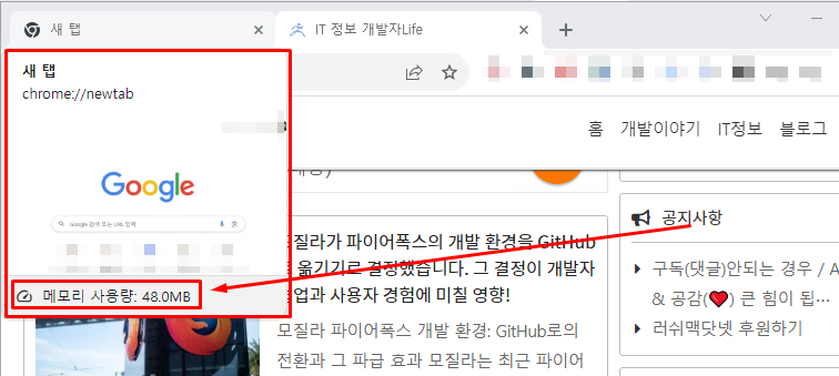 Chrome에서 탭별 메모리 사용량을 확인