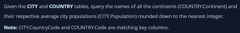 해커랭크Average Population of Each Continent-문제