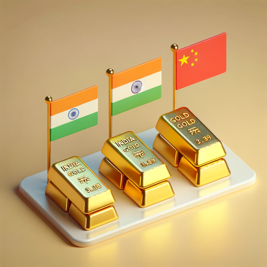 금괴와 인도, 중국, 러시아 국기를 함께 상징적으로 표현한 이미지
