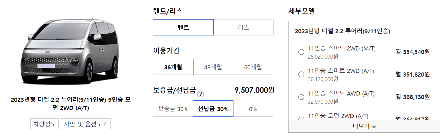 스타리아 장기렌트 가격