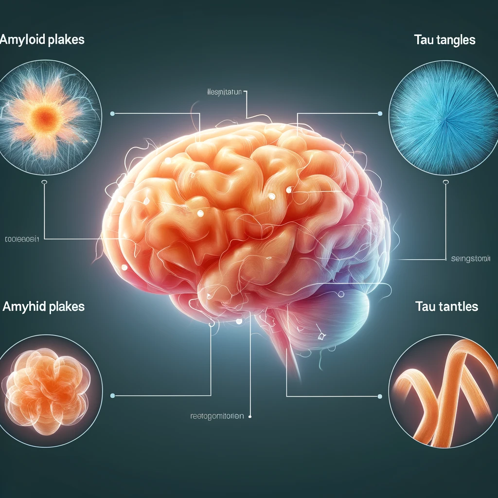 알츠하이머병의 원인을 나타내는 이미지로, 아밀로이드 단백질과 타우 단백질 엉킴이 있는 뇌를 보여줍니다.