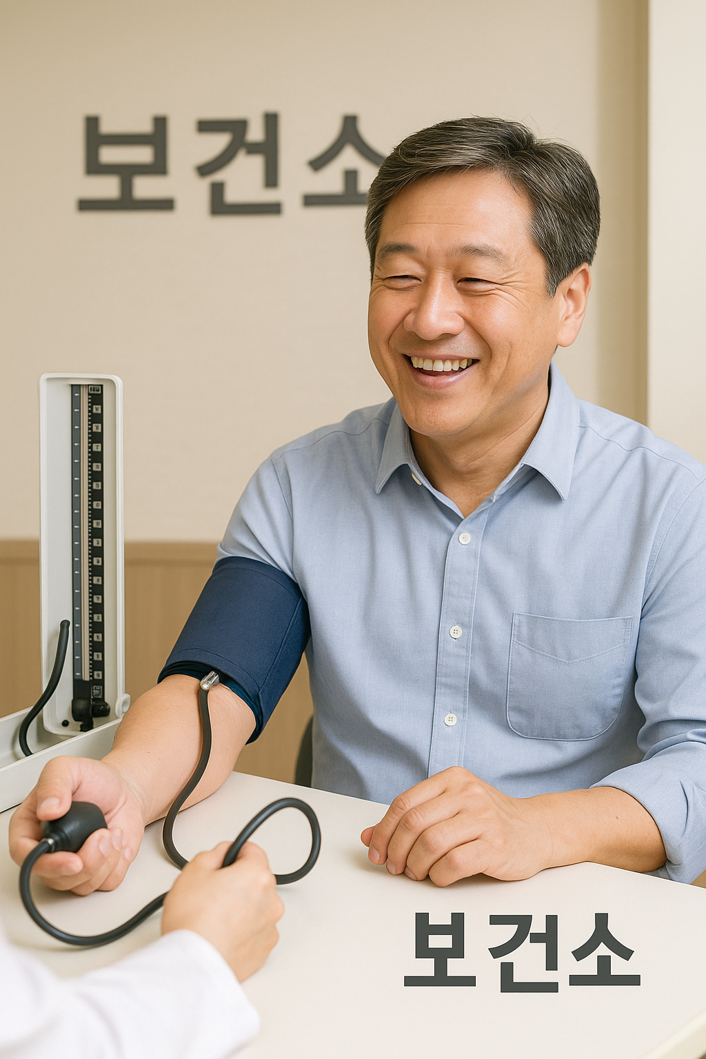 보건소에서 혈압 검사 중인 중년 남성