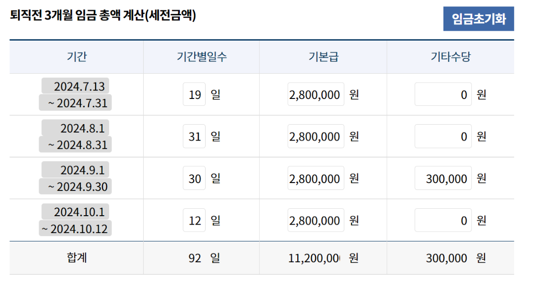 퇴직전 3개월 임금 총액 계산