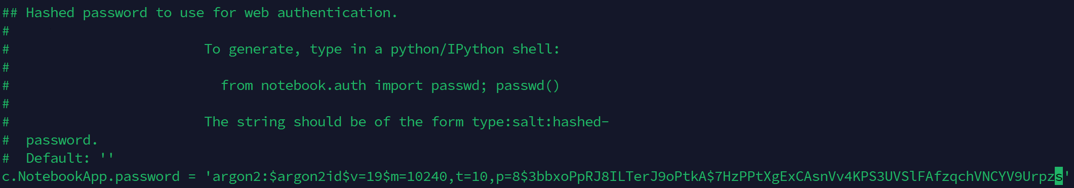 c.NotebookApp.password = &#39;생성된 비밀번호 입력&#39;