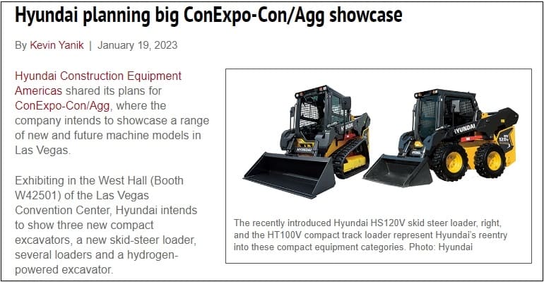  세계 3대 건설기계 박람회 '콘엑스포(CONEXPO-CON/AGG)' 출품 동향...대세는 전기굴착기 Hyundai planning big ConExpo-Con/Agg showcase