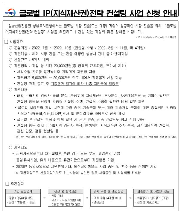  [경기] 성남시 2022년 글로벌 IP(지식재산권)전략 컨설팅 지원사업 모집 공고