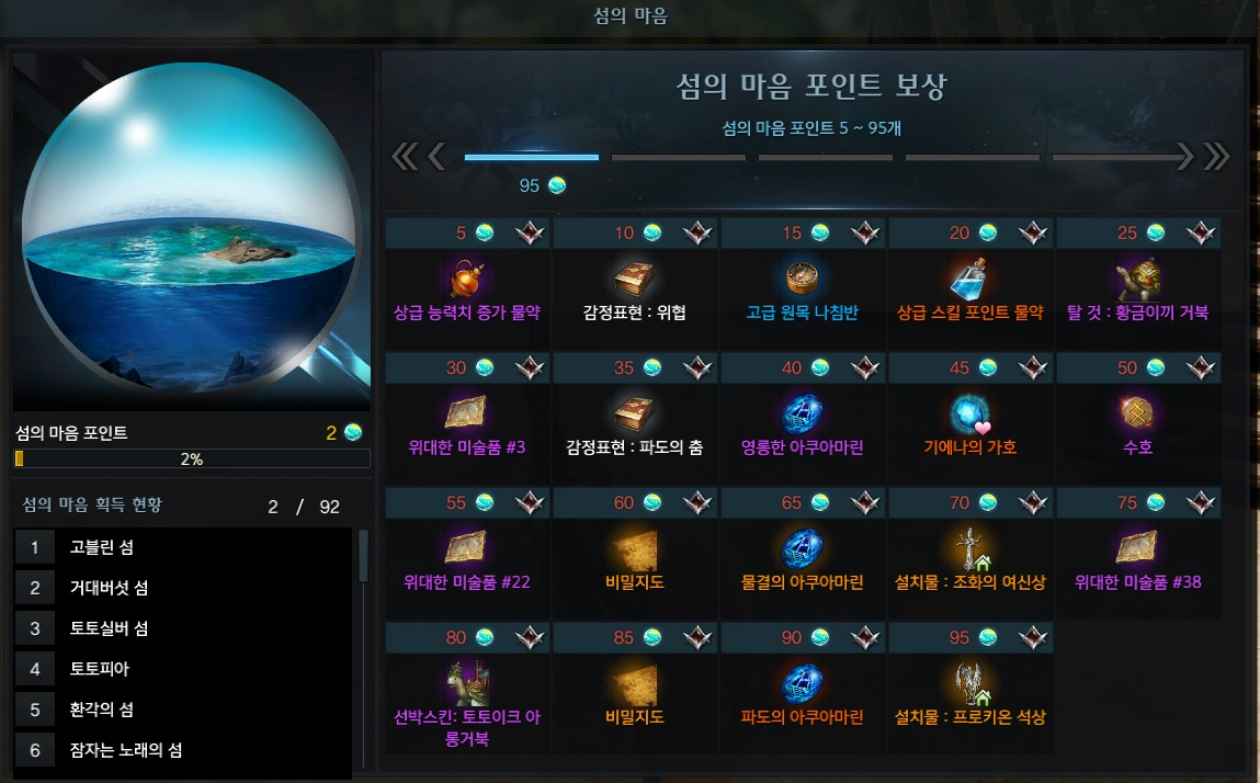  로스트아크 시즌2 섬의 마음 포인트 보상목록