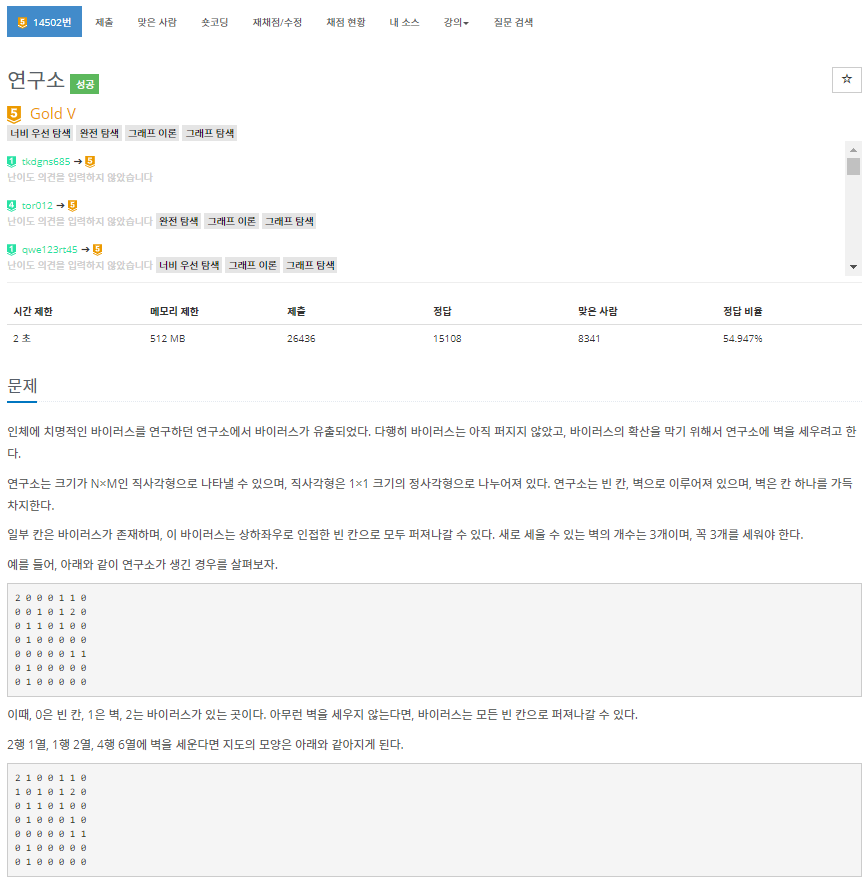  [백준]  14502번: 연구소(DFS, BFS, 완전탐색)