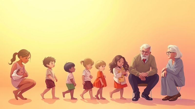 영아기부터 노년기까지 인간 발달 단계를 시각적으로 표현한 그림