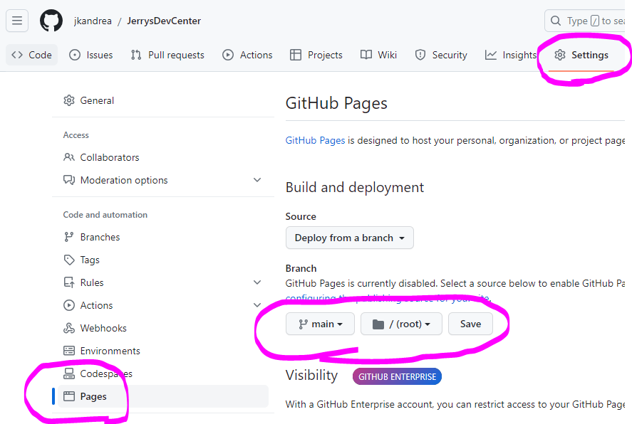 깃허브 페이지 설정 화면