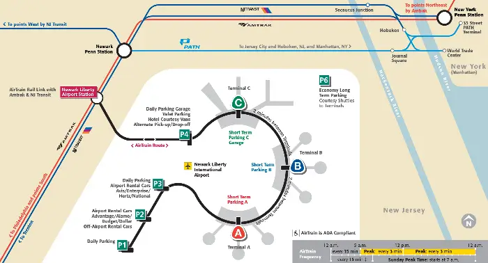 뉴어크 리버티 공항 EWR 연결루트 (source: nycmap360.com/)