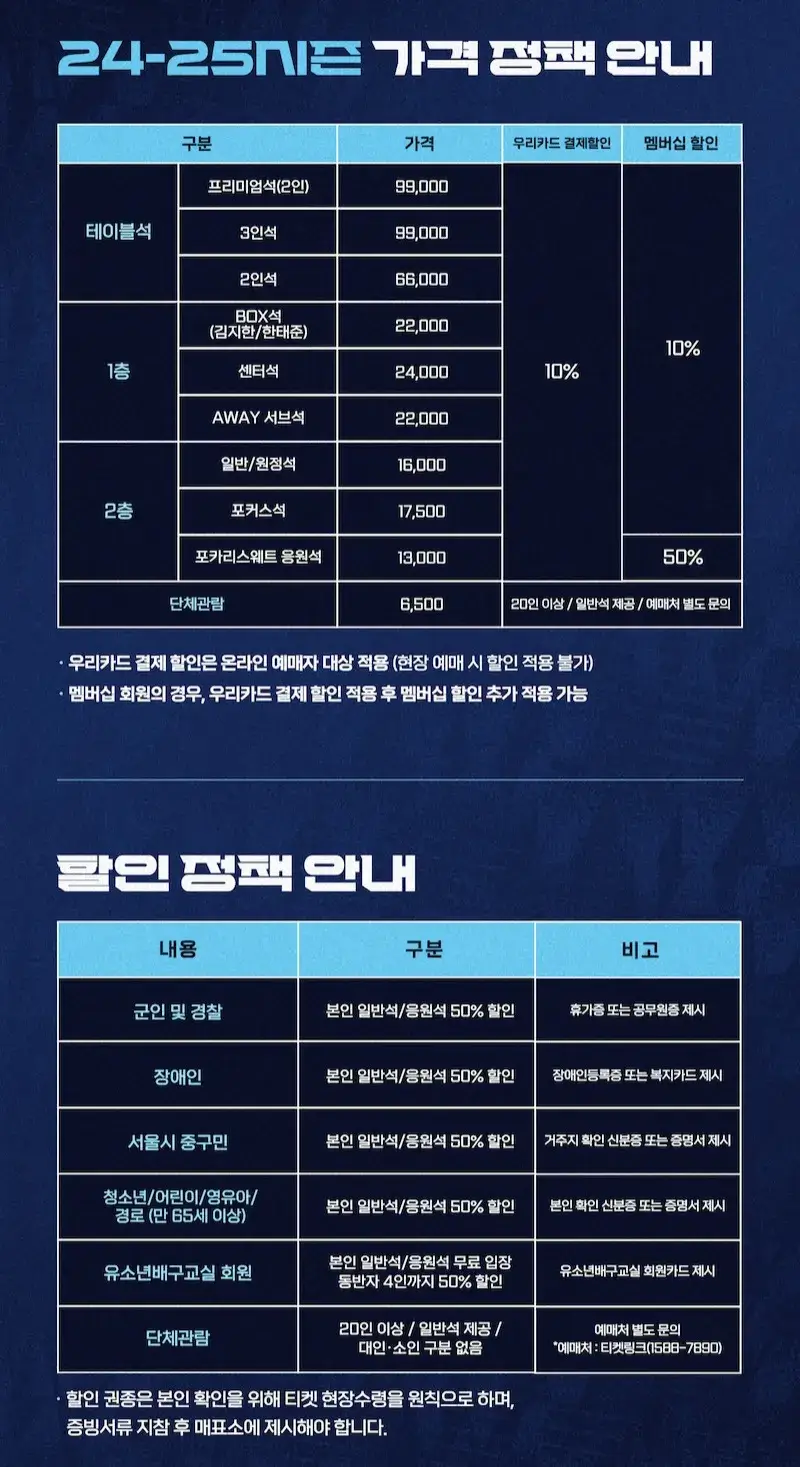 우리카드 우리WON 2024-2025시즌 티켓 가격, 장충체육관 좌석배치도, 할인 및 무료입장 안내